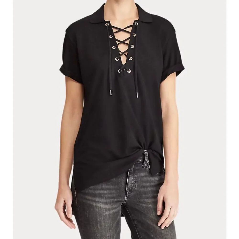 Polo Ralph Lauren women’s black short sleeve lace up polo tunic top S/M